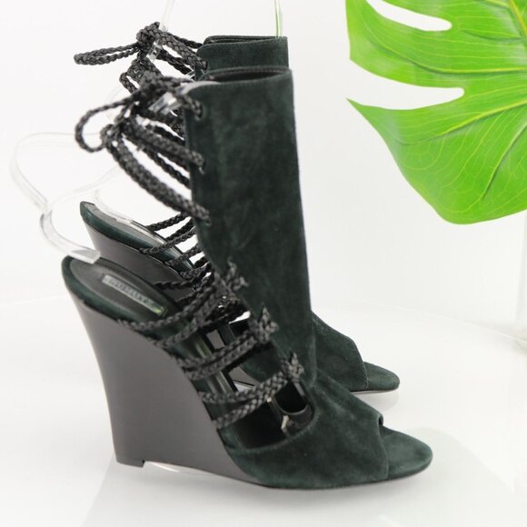 SCHUTZ Womens Camurca Cabra Sandal Size 8 Black Suede Wedge Heel Ankle Wrap Tie - Picture 4 of 11